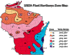 Map of Wisconsin showing the USDA Plant Hardienss Zones by temperature range